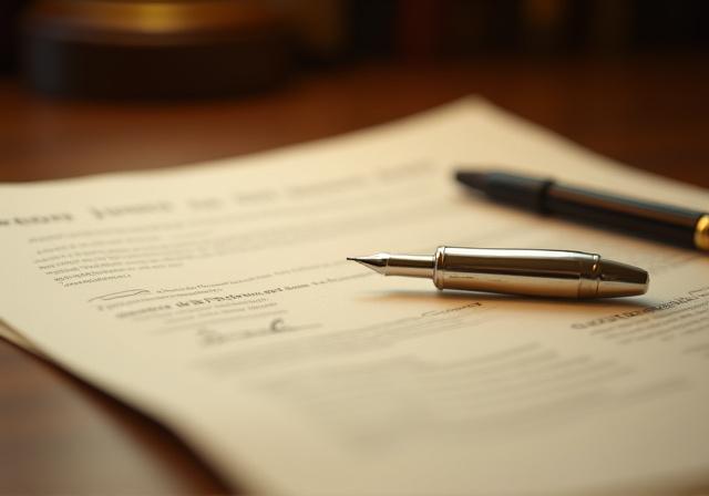 Legal documents and a fountain pen on a desk